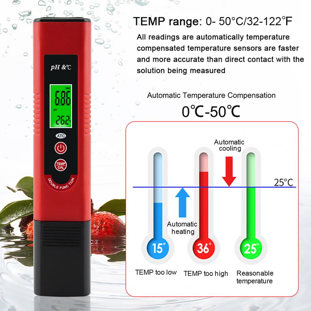 Useful Water Meter Red PH Tester Hanging Buckle Easy to Use Digital PH Tester