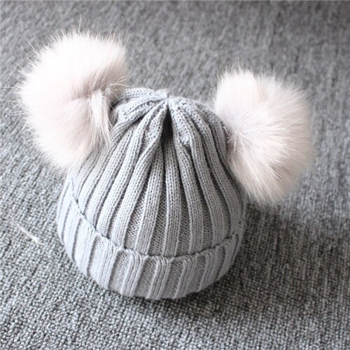 Hiver laine tricoté chapeau enfants infantile -né enfants bébé casquettes bonnet avec deux Double Pom Pom Beanie pour garçons fille 1-3 ans: Gris