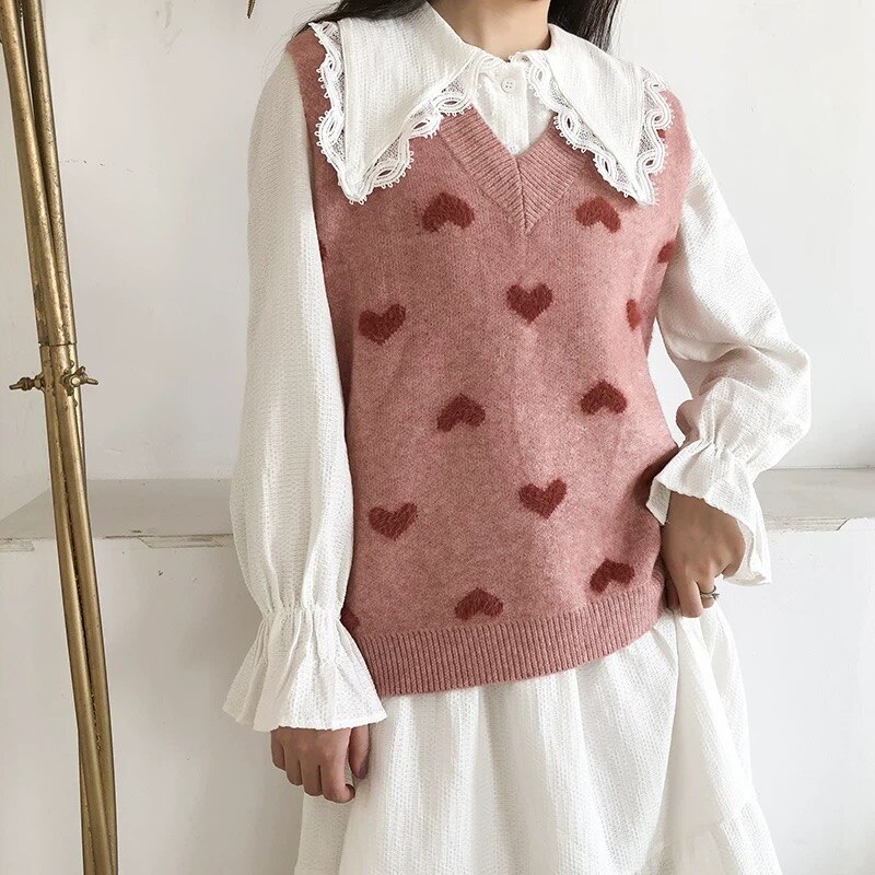 Hjertegenser Vest til kvinne strikket avling topp ermeløs japan harajuku strikkegenser o-halset søt kawaii genser