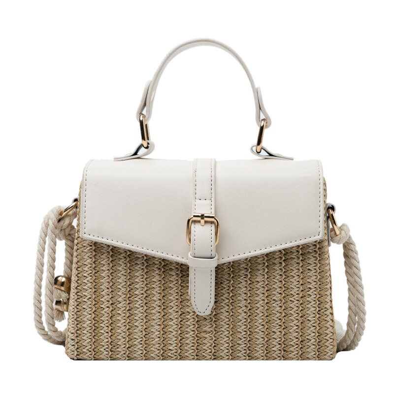 Mode Pu + Stro Dames Handtas Zomer Vintage Rotan Schoudertassen Bohemen Handgemaakte Kintted Strand Reizen Messenger Bag: White