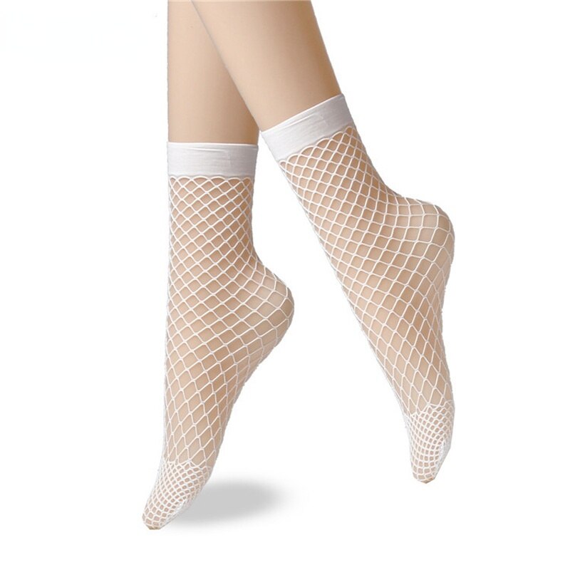 Calcetines de rejilla con volantes para mujer, medias hasta el tobillo con lazo, cortas,: White