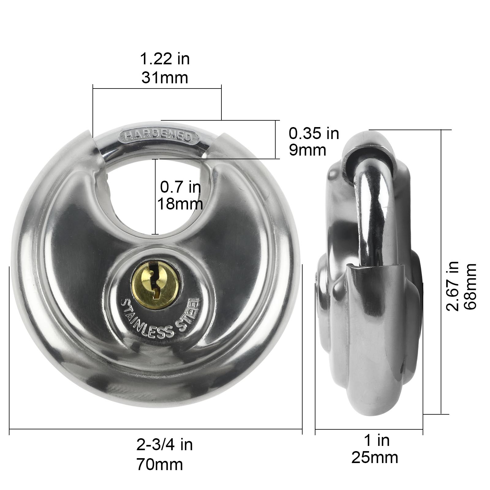 70mm Disc Padlock Discus Padlock Stainless Steel Shackle Heavy Duty Lock Round Outdoor Bicycle Lock Storage Unit Lock 2 Keys