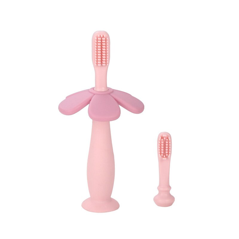 Baby Silicone Toothbrushes Prevent Deep mouth Anti-jamming Cartoon Flower Suction Toothbrush Oral Complete Clean Supplies: Pink