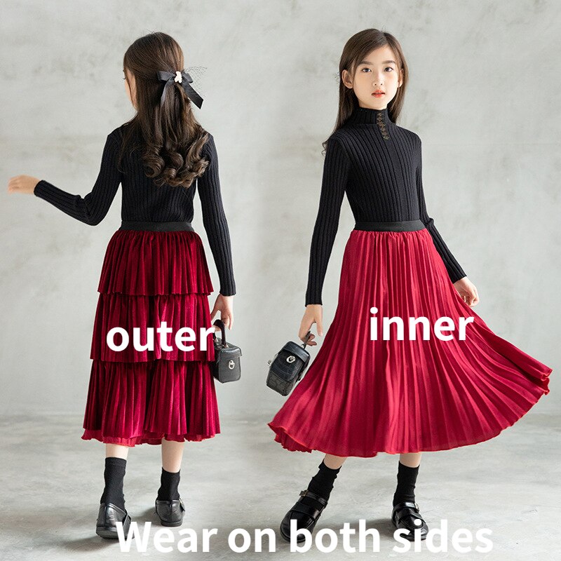 Faldas Midi de terciopelo para niñas y adolescentes, ropa Reversible plisada, ropa de de otoño, , 6531