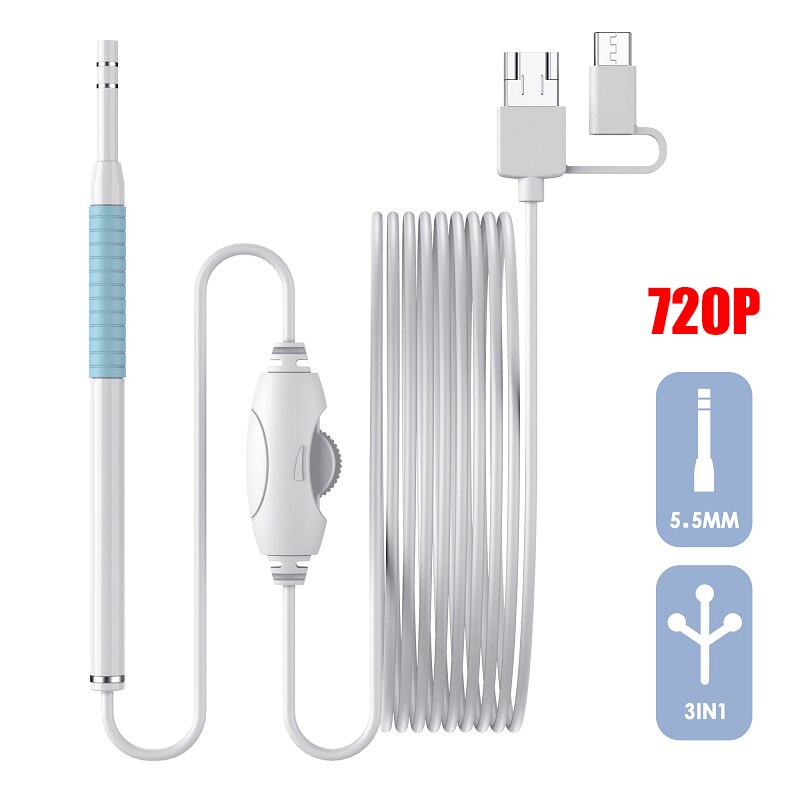 Ear Cleaning Endoscope Small 5.5mm 3 In1 Visual Ear Pick Cleaner Camera USB Ear Spoon Type C Ear Otoscope Borescope For Android: White blue 720P