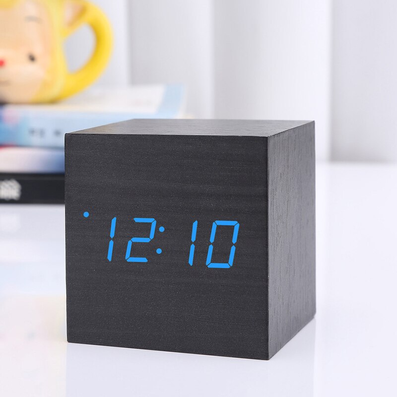 1Pcs Moderne Houten Houten Vierkante Led Wekker Multicolor Sound Control Horloge Tafel Voice Control Kalender Thermometer Display