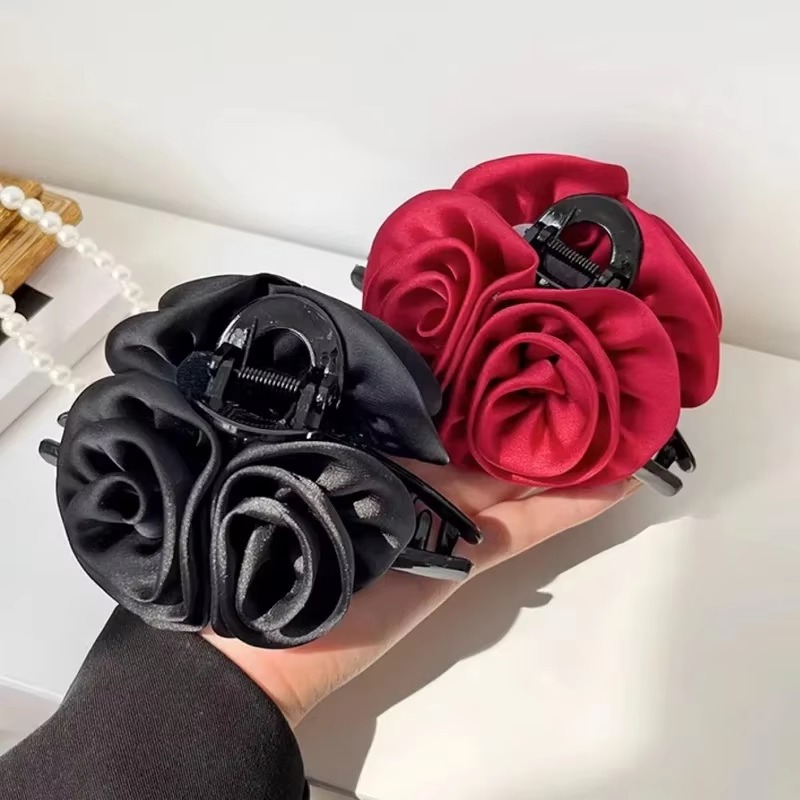 Pinzas en forma de garra para el pelo con flor de Rosa doble francesa para mujeres y niñas, accesorios para el pelo de tiburón hechos a mano de tela sólida satinada Vintage, nuevos