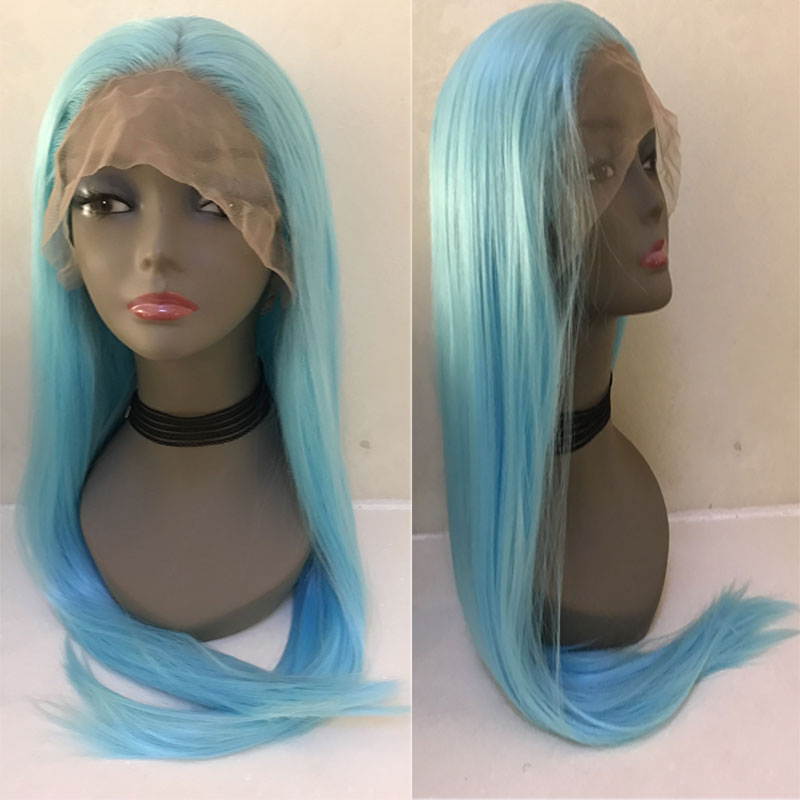 BM Sky Blue Long Straight 13*3 Synthetic Lace Front Wig Heat Resistant Fiber Hair Middle Parting Natural Hairline For Women Wigs