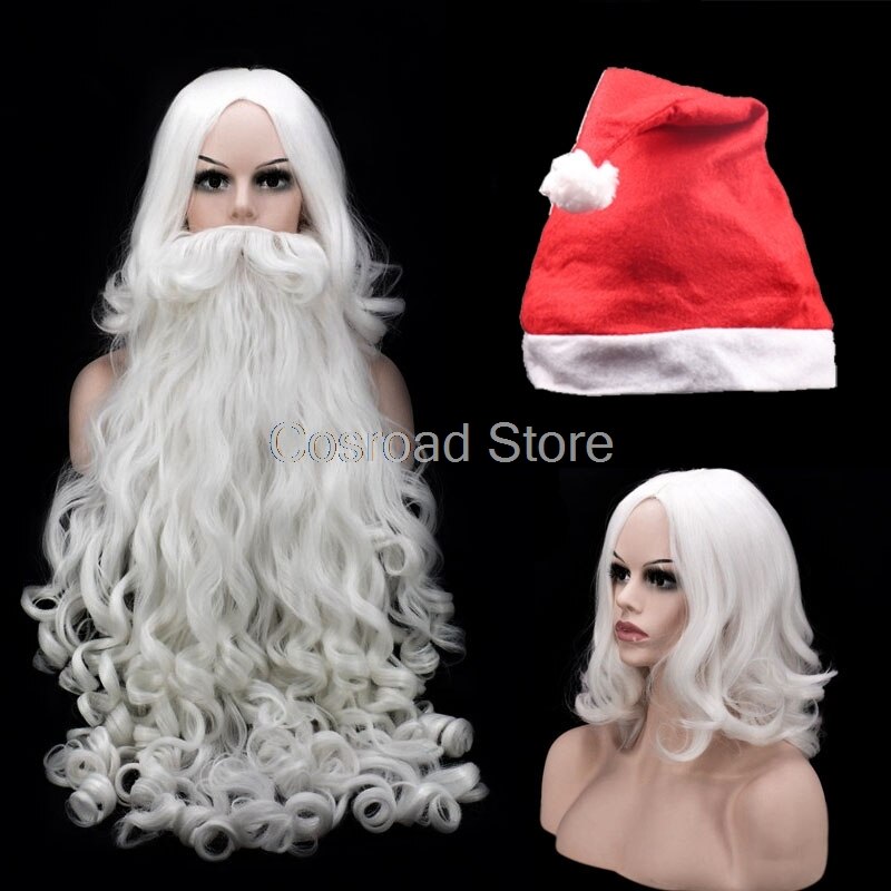 Cosroad Kerst Cosplay Props Kerstman Baard en Pruiken Kerst Hoed voor Mannen Wit Haarstukje Accessoires Kerstman Baard Hoed