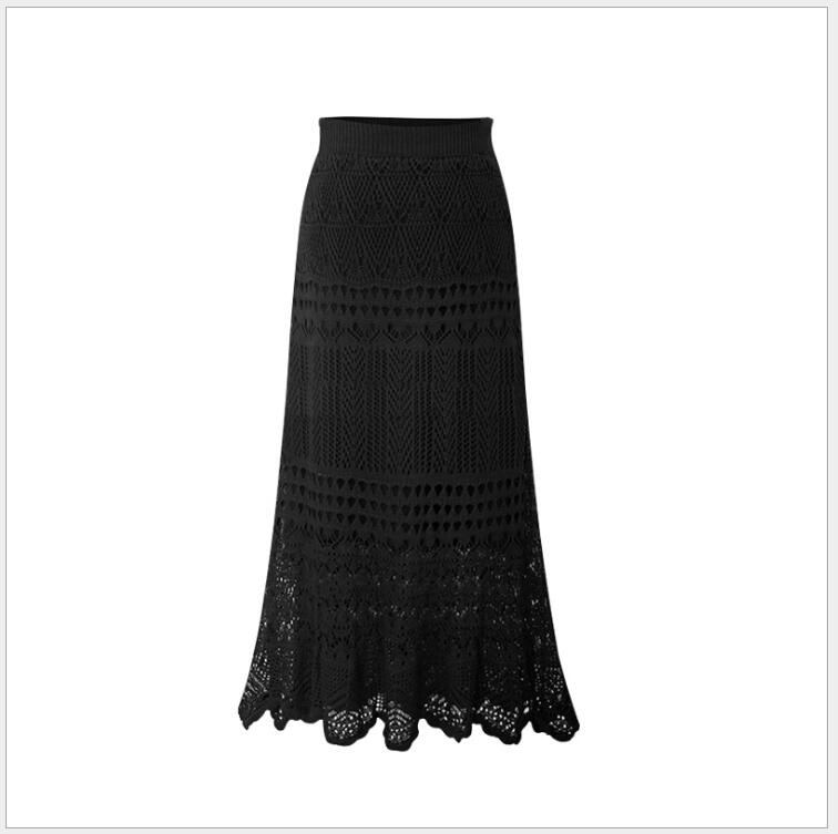 Jupes longues tricotées ajourées pour femme, Version élégante, tailles S à 5XL et 6XL, collection automne et hiver: black / 5XL