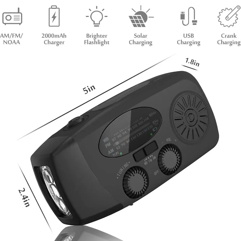 Radio di emergenza a manovella solare USB (FM/ AM/ NOAA) WB Weather Radio con torcia elettrica Power Bank Radio nere Portatil Am Fm