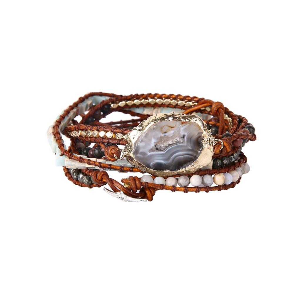 Bohemian Kralen Natuursteen Armband Ovale Cuboid Power Stone Hand Geweven Lederen Armband Vrouwen Armband Op Hand: BEAD009