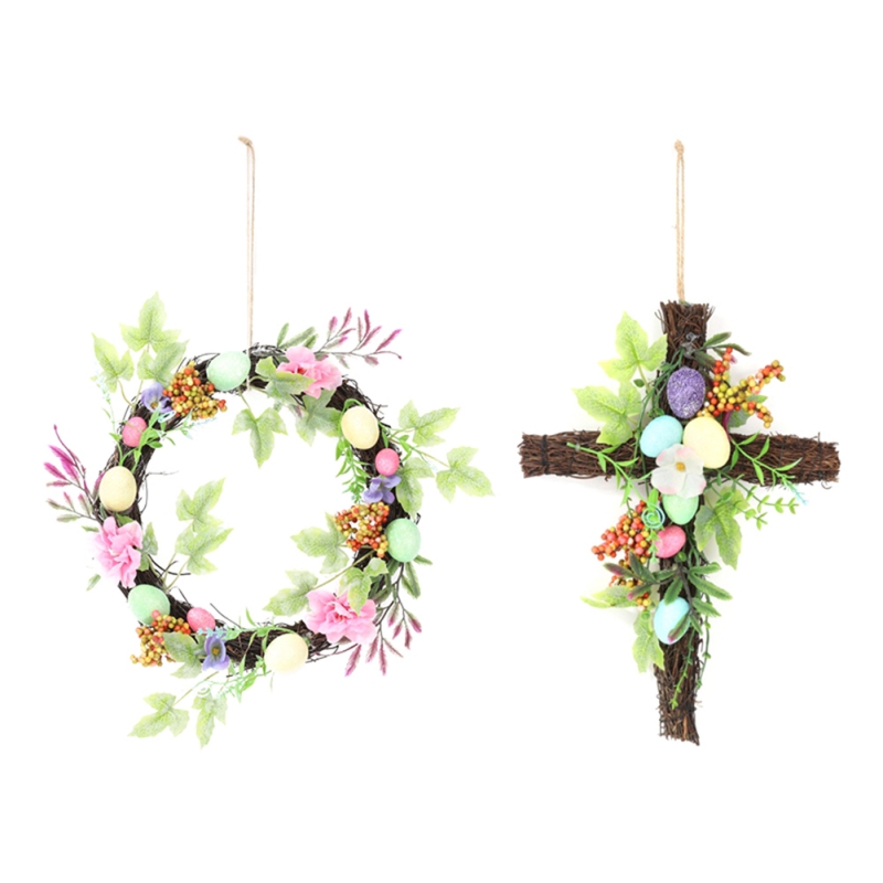 Corona de huevos de Pascua para decoración de puerta delantera, Cruz de ratán Natural, Primavera, boda, adorno de pared para puerta, 2022