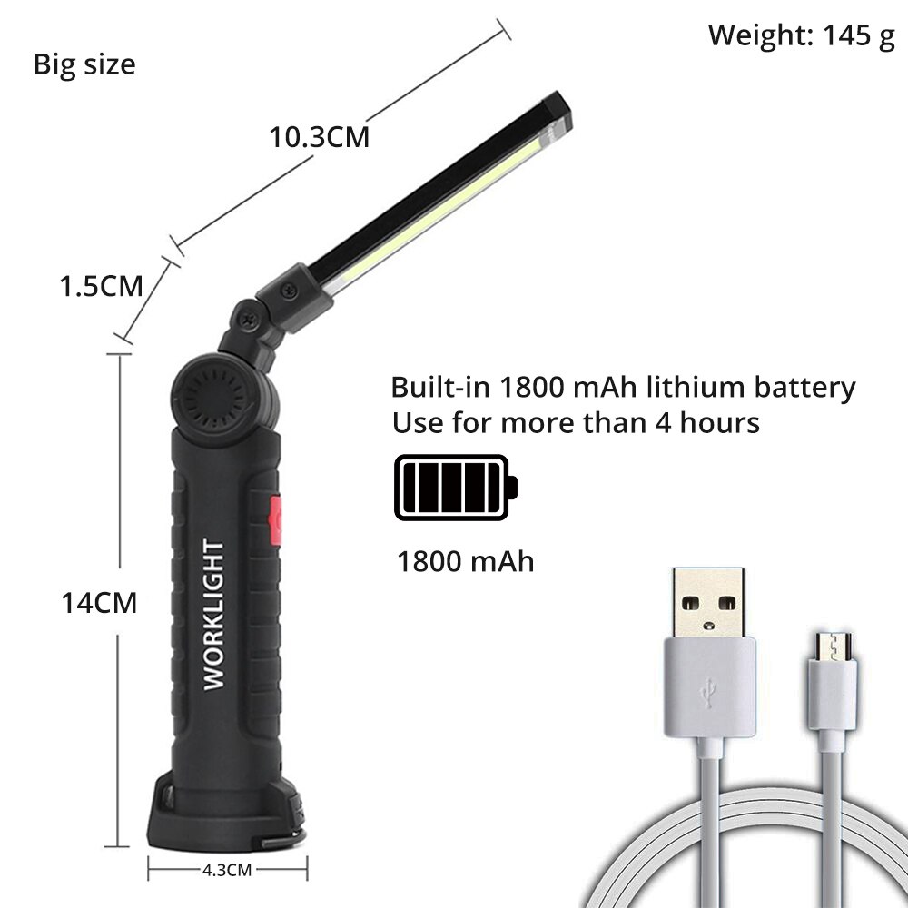 USB rechargeable COB LED flashlight work light Inspection Light 5 modes Tail magnet Hanging torch lamp 2 sizes waterproof: Big size