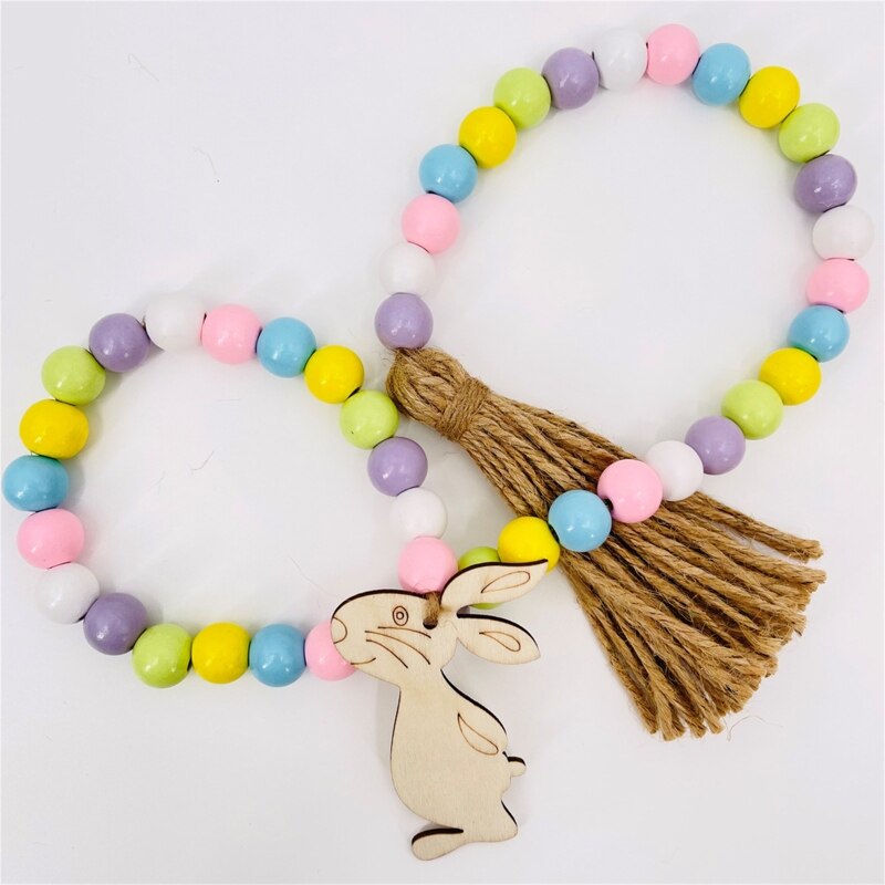 Spring Wooden Beads Garland with Tassels Easter Egg Bead Farmhouse Rustic Tiered Tray Decorations Country Decor