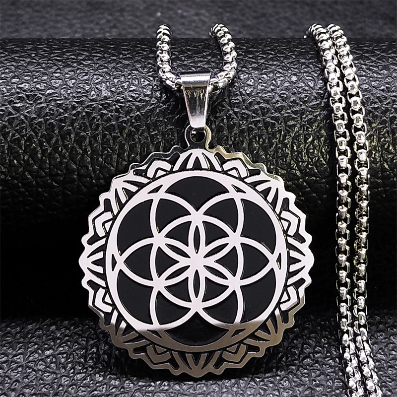 Sacred Geometry Metatron Cube Angel Seal Archangel Necklace for Women Men Stainless Steel Flower of Life Lotus Chain Jewelry: RED-BROWN