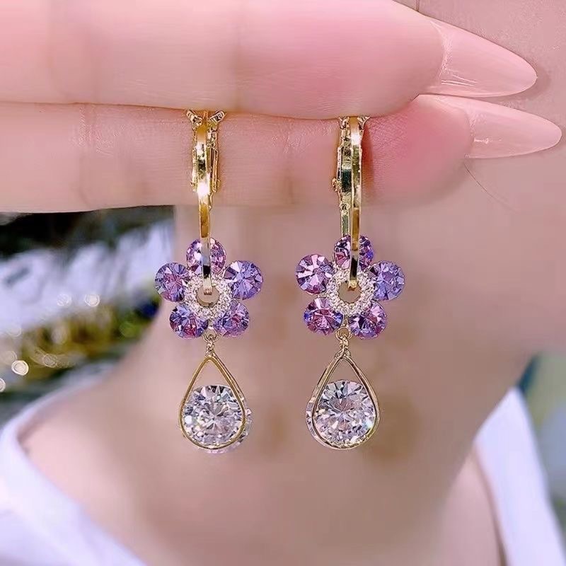 Korean Zircon Water Earrings for Women Shiny Crystal Long Pendant Dangle Earring Girls Wedding Party Jewelry: Pure Gold Color