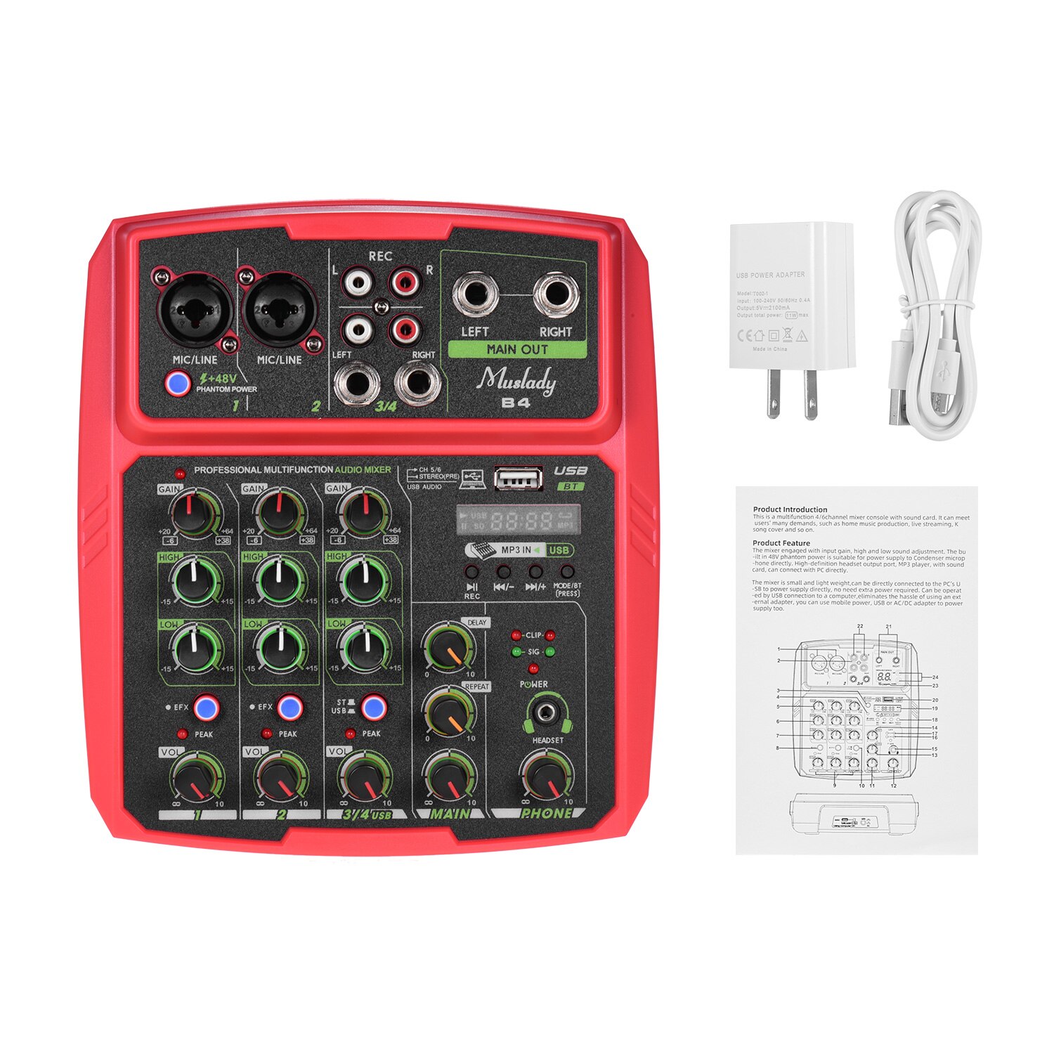 Muslady B4 Portable 4 Channels Audio Mixer USB Mixing Console Supports BT Connection with Sound Card Built-in 48V Phantom Power