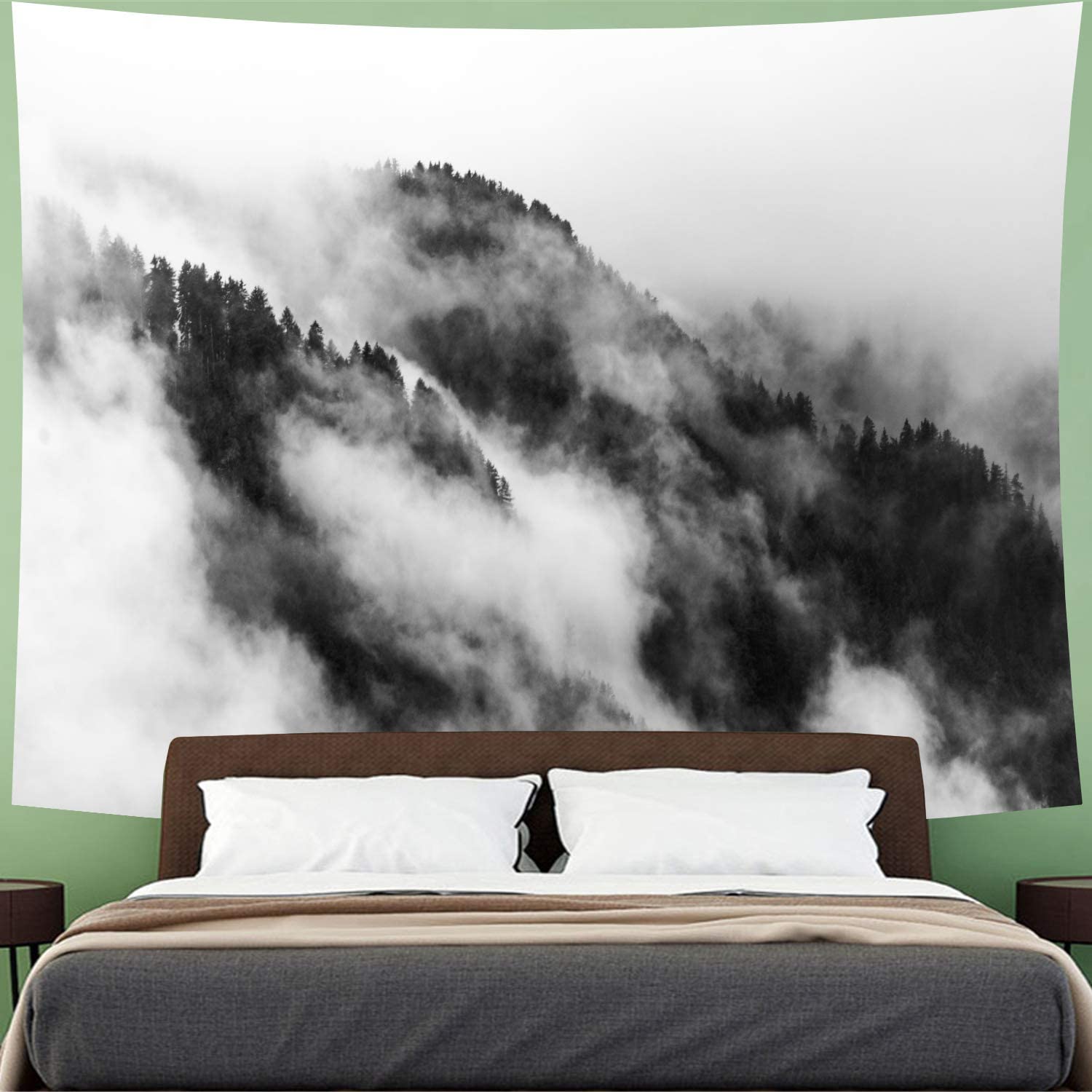 Misty Forest Mountain Black White Tapestry Wall Hanging Fantastic Fog Magical Tree 3D Vision Nature Landscape Blanket Farmhouse