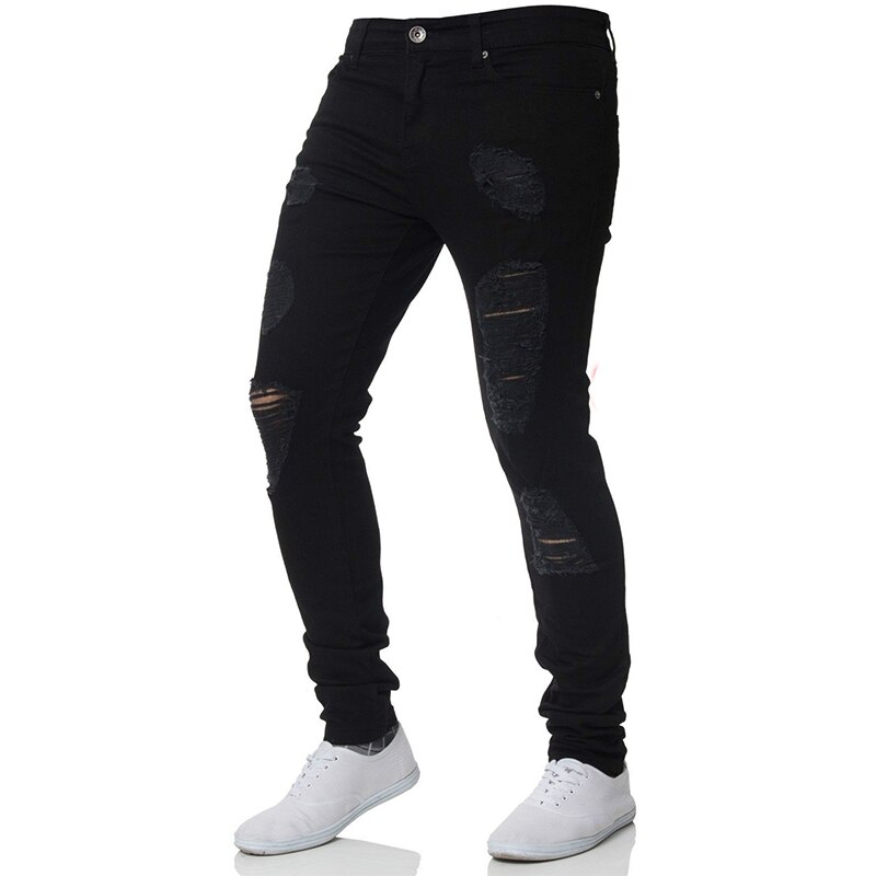 Homme déchiré trou jean hommes charmant pantalon serré jeunesse Hip Hop fermeture éclair Streetwear Stretch crayon pantalon: Black / 32