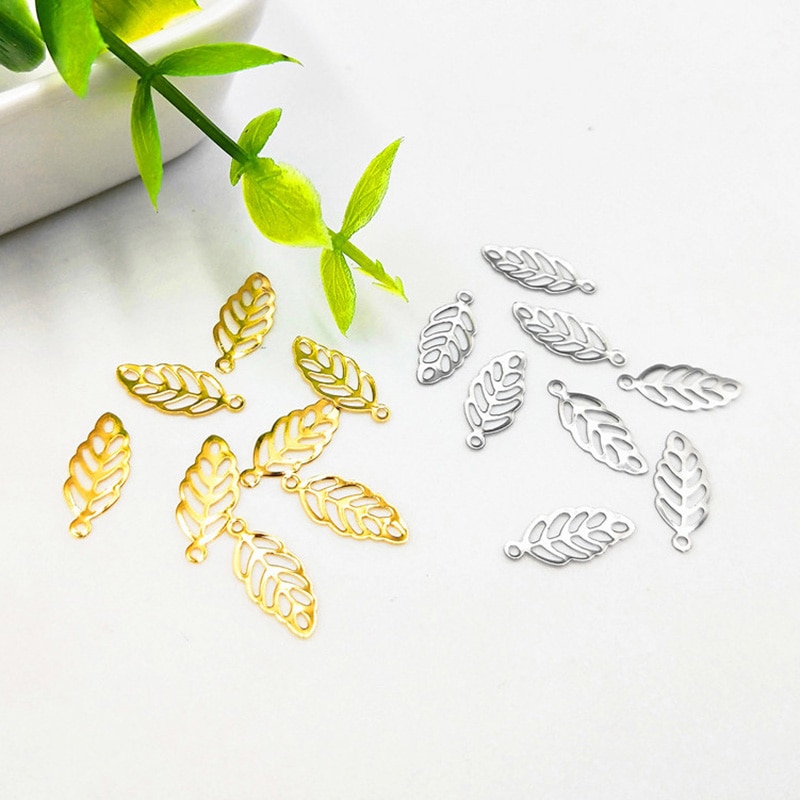 50pcs/lot 13*5.5mm Stainless Steel Hollow Out Leaves Pendants Charms Gold Color Tree Leaf Charms for Diy Jewelry Making Findings