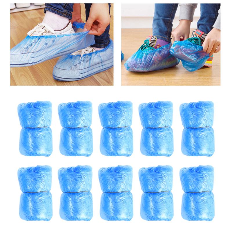 Couvre-chaussures jetables en plastique épais, 100 pièces, résistant à l'eau, bleu, pour l'extérieur, tapis de nettoyage, pour les jours de pluie