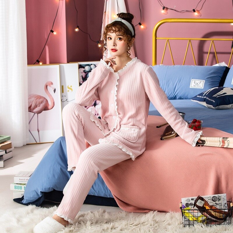 Julis sang varm flannel pyjamas sæt kvinder vinter efterår pyjamas blonder pink nattøj tykt blødt hjemmetøj til damer
