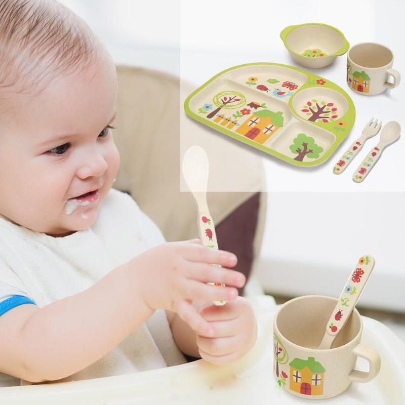 Juego de 5 unidades de platos y cucharas ecológicos de fibra de bambú para bebés, juegos de vajilla con 4 ranuras para niños, vajilla de platos para bebés y niños