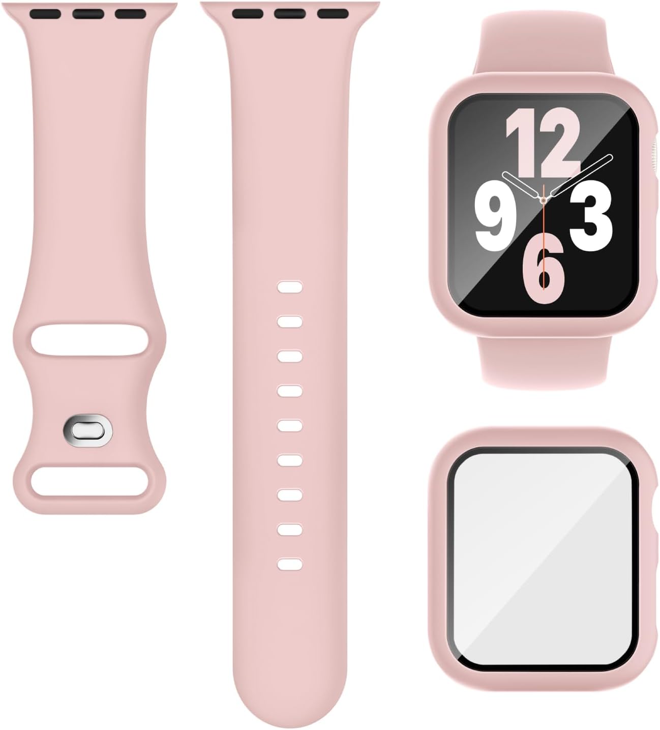 Band + hoesje voor Apple Watch Band 40 mm 41 mm 44 mm 45 mm Screenprotector Siliconen sportarmband voor iWatch Series 9 8 7 SE 6 5 4: Roze / 18mm