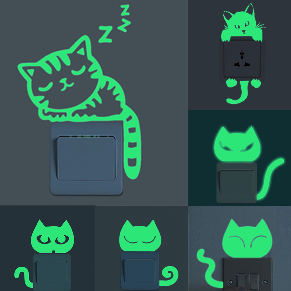 Leuke Creatieve Kitten Kat Lichtgevende Noctilucent Glow Switch Muursticker Home Dubbelzijdig Visuele Patroon Waterdicht Modieuze