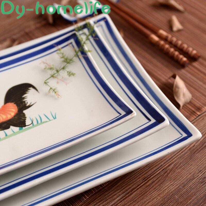 Japanese Style Rooster Figure Rectangular Ceramic Plate Restaurant Household Multi-size Antique Bone China Plate