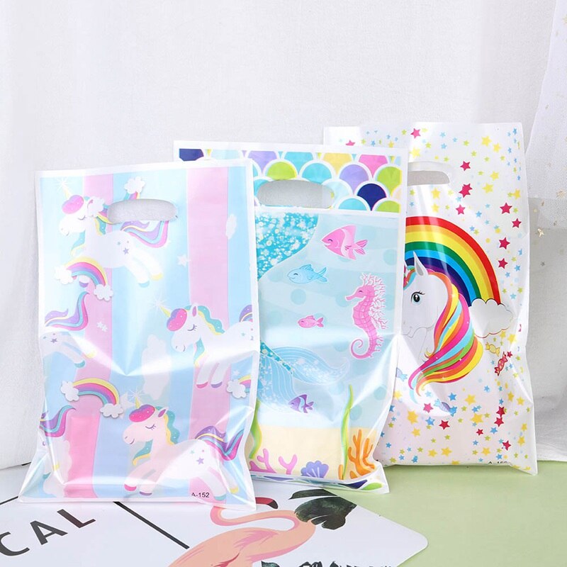 10Pcs Cartoon Rainbow Unicorn Flamingo Plastic Bags Candy Bag For Party Wedding Birthday Package Box Party Supplies