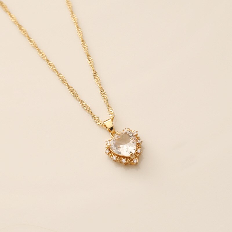 Luxury Zircon Heart Pendant Necklaces For Women Girls Gold Collar NecklacesWedding Party Daily Jewelry