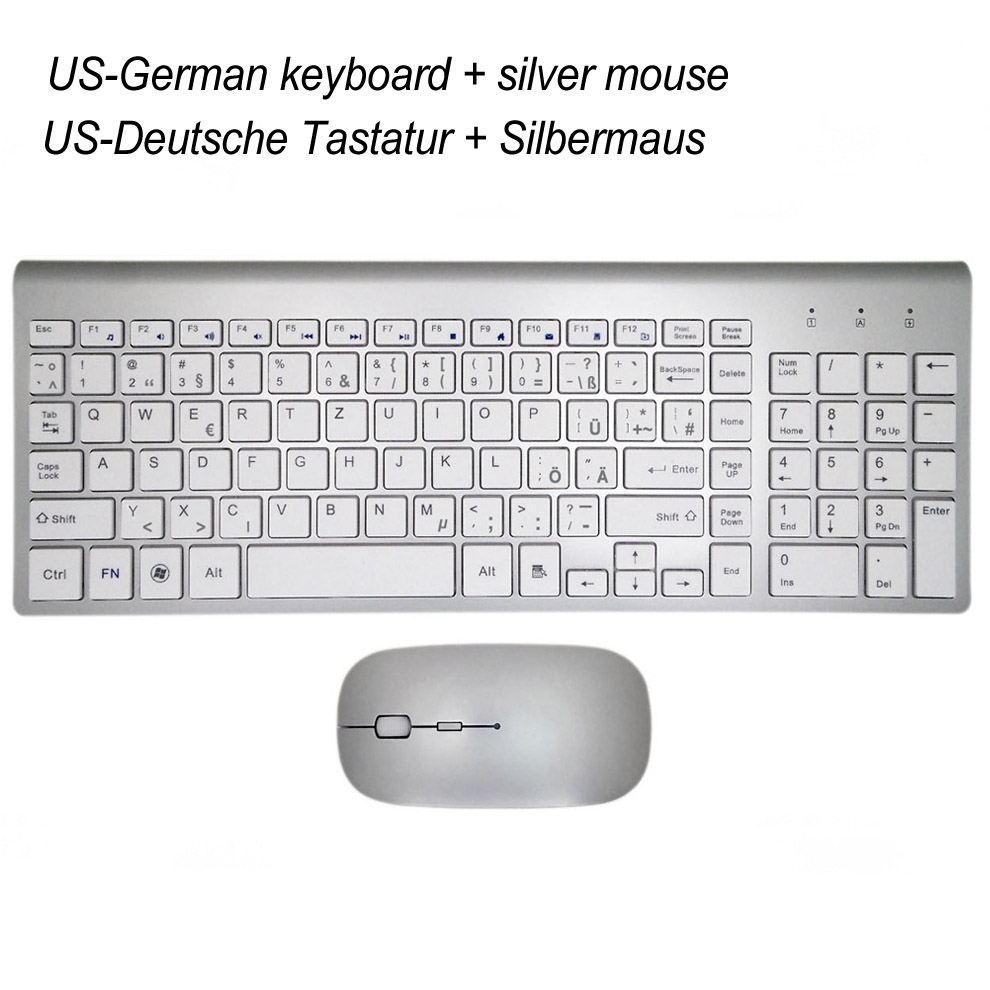 Ergonomiczny Ultra cienki niski poziom hałasu 2.4G bezprzewodowa klawiatura i mysz Combo bezprzewodowa mysz do komputera Mac Pc Windows XP/7/10 tv box z androidem: SILVER US-German