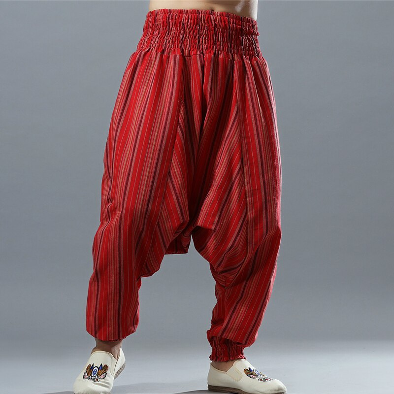 Rödrandigt bomullslinne herr elastisk midja harem breda ben aladdin byxor byxor man stor gren hippy casual lösa byxor