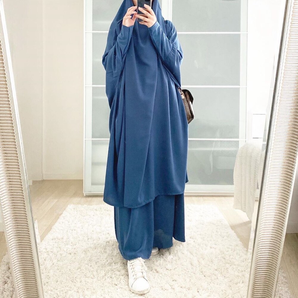 Ramadan Eid Frauen Gebet Bekleidungs Muslimischen einstellen 2 Stück Passenden Outfit Mit Kapuze Khimar Hijab Lange Felsen Abaya Islam Saudi Kleidung