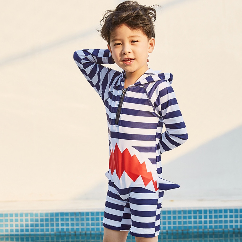 Children's swimsuit baby long sleeve cartoon stripe hooded bathing pool beach swimwear children's swimsuit boy