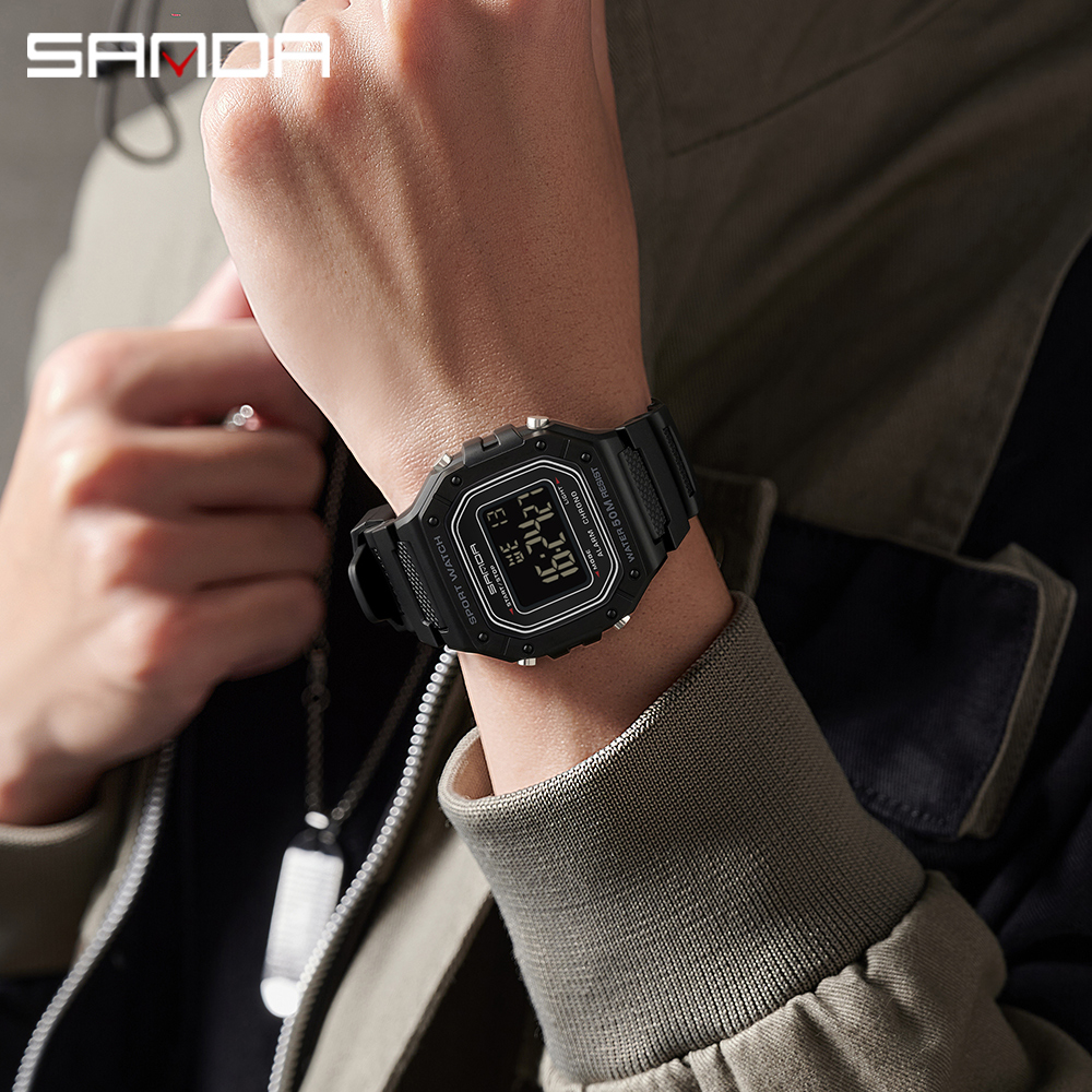 SANDA 2156 Herrenuhr, neues Modell, elektronisches digitales Uhrwerk, rechteckiges LED-Anzeige, Zifferblatt, draussen-Sport, wasserdichte männliche Armbanduhr