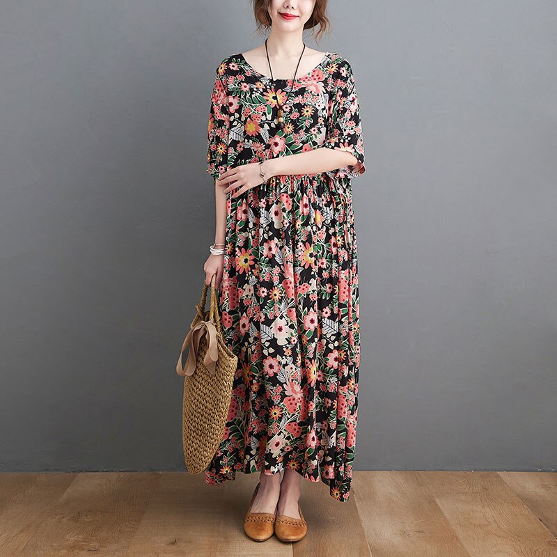 DIMANAF Summer Dress Women Prairie Chic Plus Size Dress Flowers Print Lady Vestidos Sundress Maxi Dress Oversized