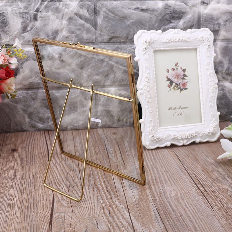 Gold Floating Metal Glass Photo Frame Desktop Wedding Pictures Portrait Display M6CE