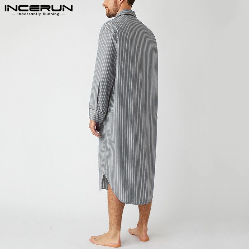Mannen Gestreepte Gewaden Leisure Revers Lange Mouw Knop Comfortabele Homewear Nachtjapon Casual Heren Badjassen Nachtkleding S-5XL Incerun