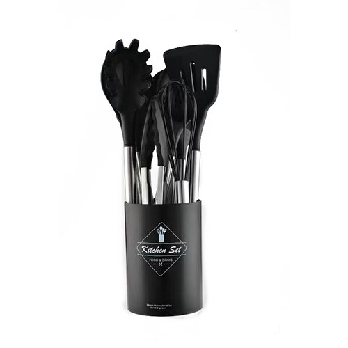 No utensilios de cocina antiadherentes de cocina espátula cuchara espátula sopa de silicona cucharillas accesorios de cocina piezas de utensilios de cocina herramienta de cocina conjunto: Black-A