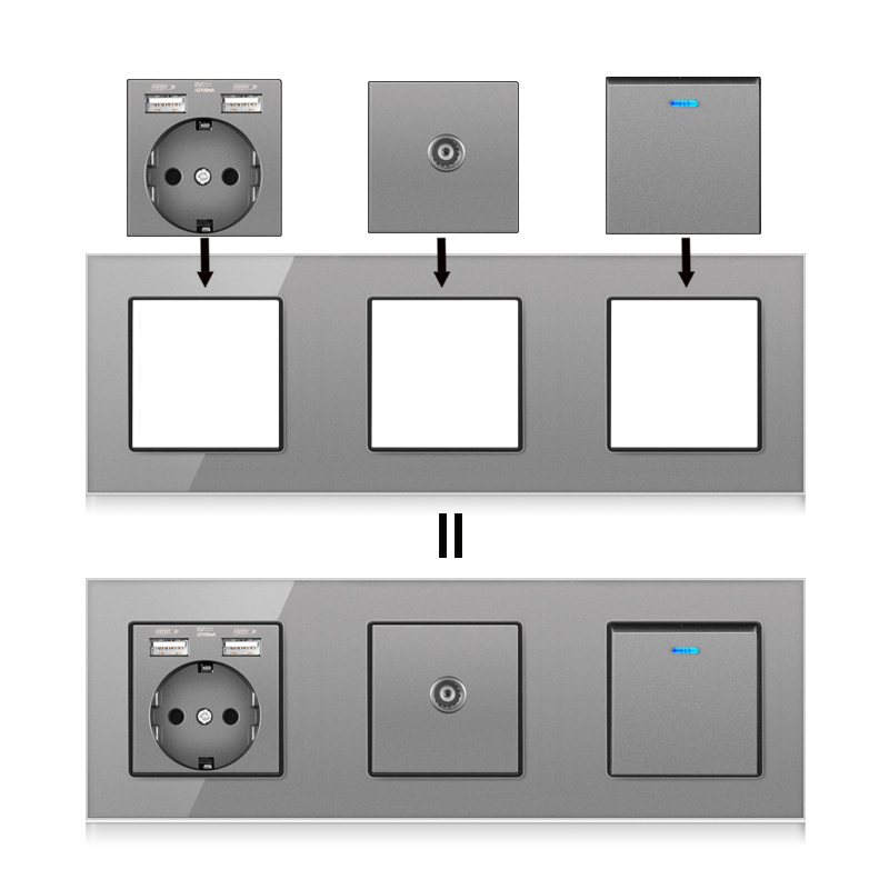 Novski wall mounted module DIY European standard gray crystal glass panel socket switch button function module combination