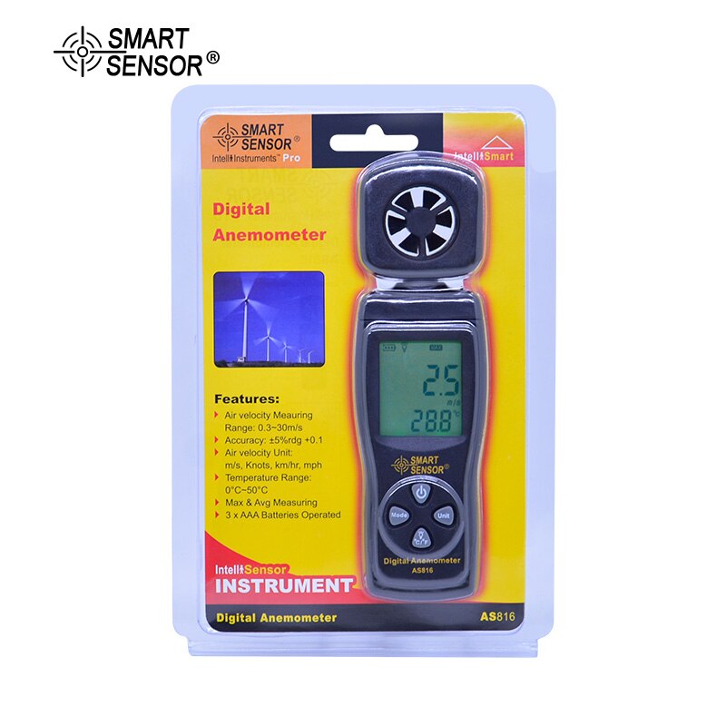 SMART SENSOR AS816 Air Flow Meter 0-30M/S Digital Anemometer Wind Speed Meter Tachometer Data Hold LCD Backlight Temp measure