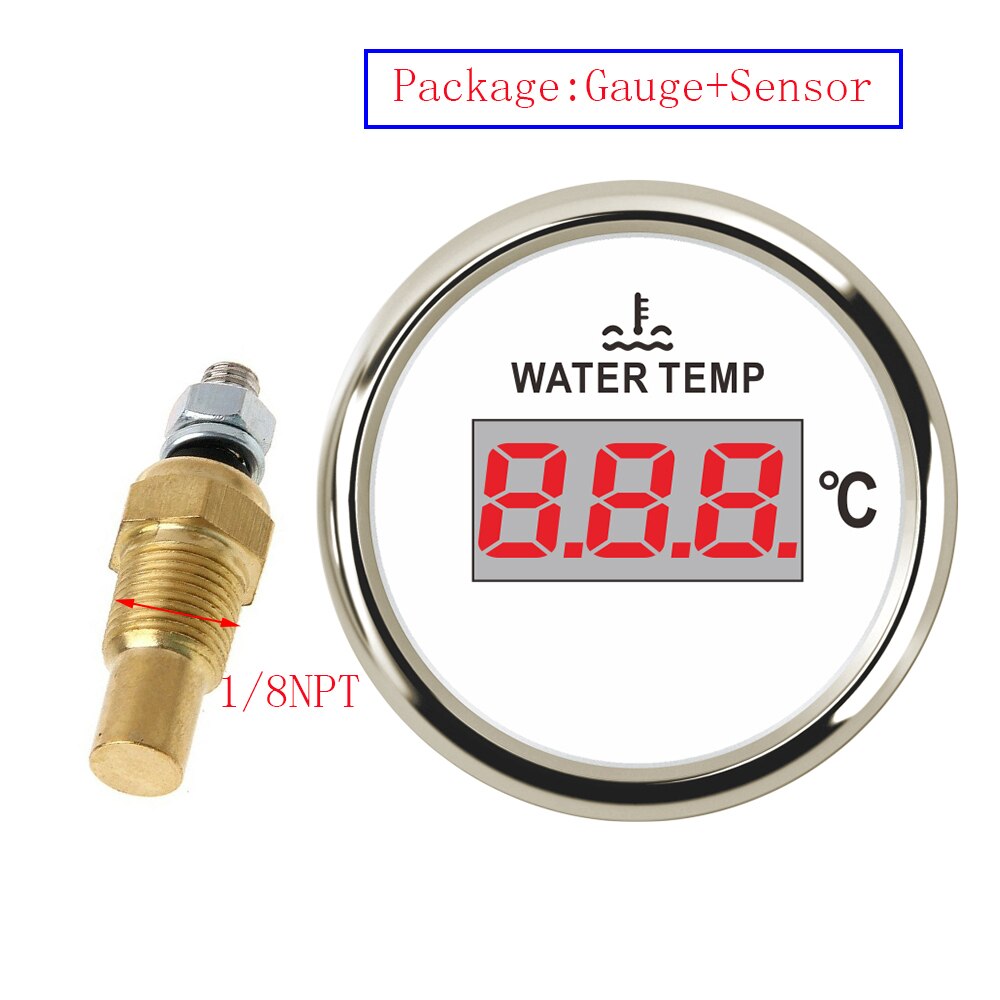 100% Digital Water Temperature Gauge with Sensor 1/8 NPT Water Temp Sensor Red Backlight 52MM Gauge Indicator for Marine Boat: White Silver