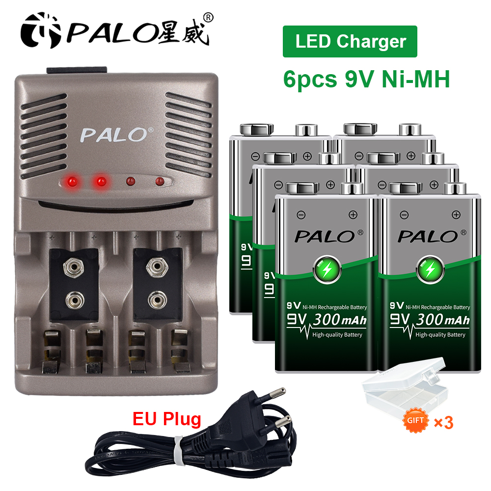 PALO 9v 6F22 300mAh Ni-MH NiMH 9 Volt Rechargeable Batteries + Charger For 6F22 9V NiCd NiMh Li-ion Rechargeable Batteries: Yellow