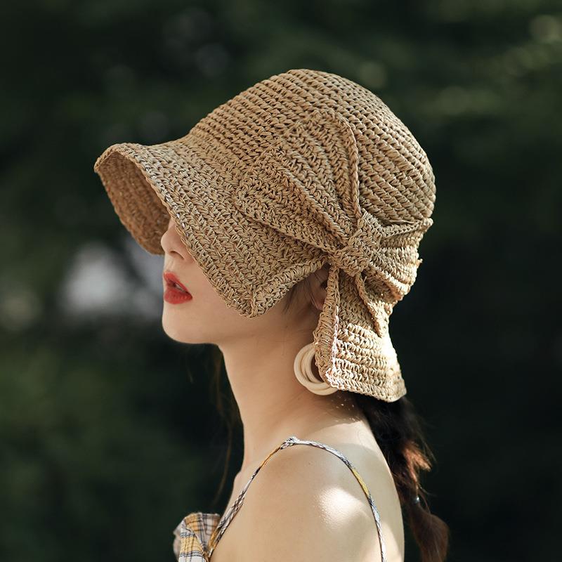 Handgemaakte 100% Raffia Boog Zonnehoed Brede Rand Floppy Zomer Hoeden Voor Vrouwen Beach Panama Stro Koepel Emmer Hoed femme Schaduw Hoed