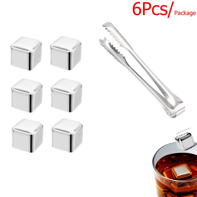 Stainless Steel Whiskey Stones Set Reusable Ice Cubes for Drinks Cocktail Shaker Whiskey Rocks Chilling Stones + Ice Tongs: 6 Pack With Tong