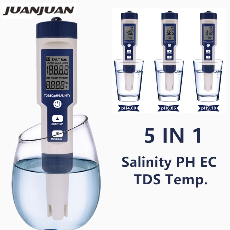5 In 1 Digital PH TDS EC Meter Salinity Temperature Tester Conductivity Water Filter Purity Pen without backlight 40%off