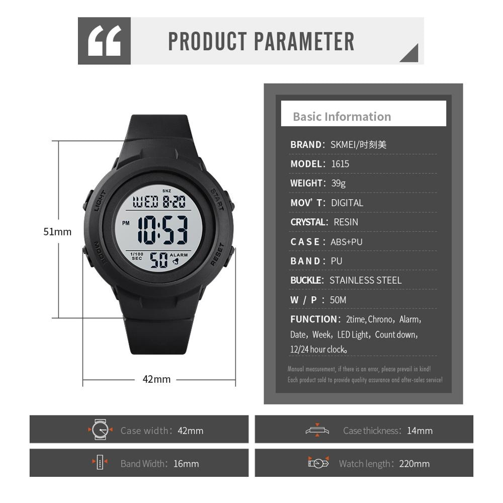 Skmei Dobbel tid digitale sportsklokker herre 5 bar vanntette støtsikker herre armbåndsur tid uformelt reloj hombre 1615